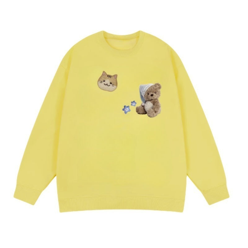 Whimsical Bear Motif Yellow Crewneck Sweatshirt