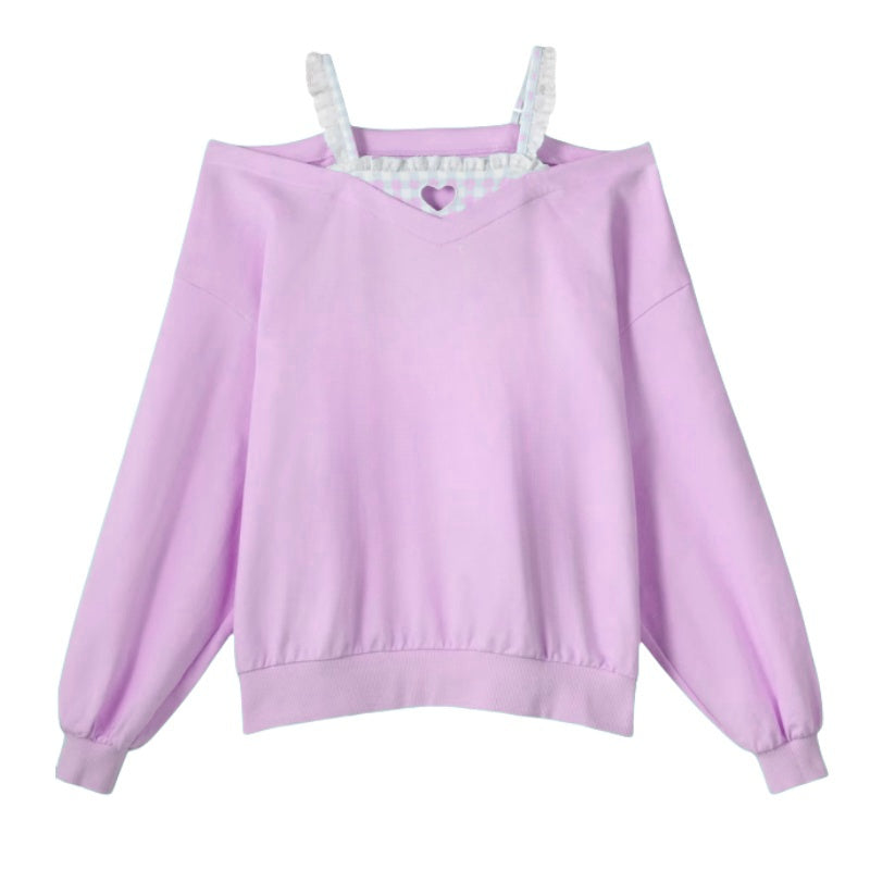 Stylish Plaid Off-Shoulder Casual Sweatshirt